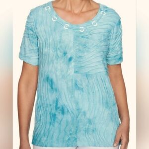 Alfred Dunner Turks & Caicos Tie Dye Nautical Top Aqua White